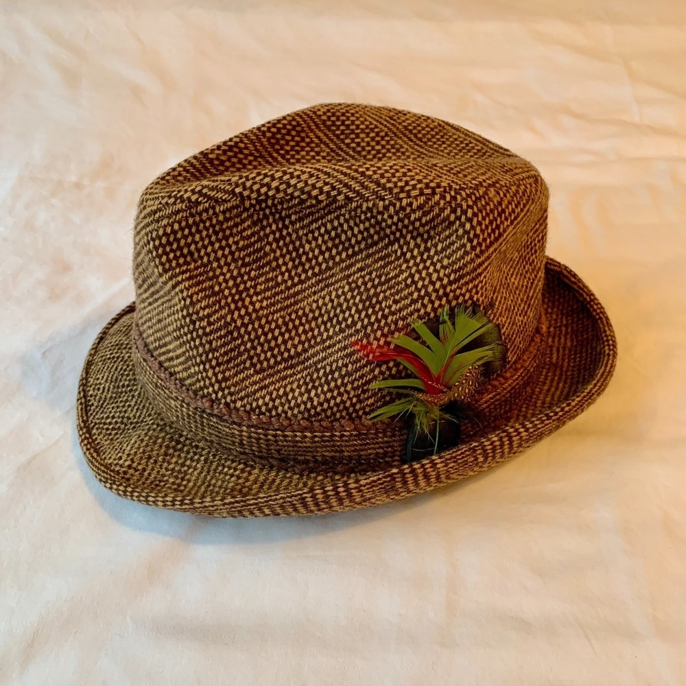 Vintage Brown Houndstooth Fedora Hat with Feather Size 7 3/8 (see measurements) - Picture 3 of 13
